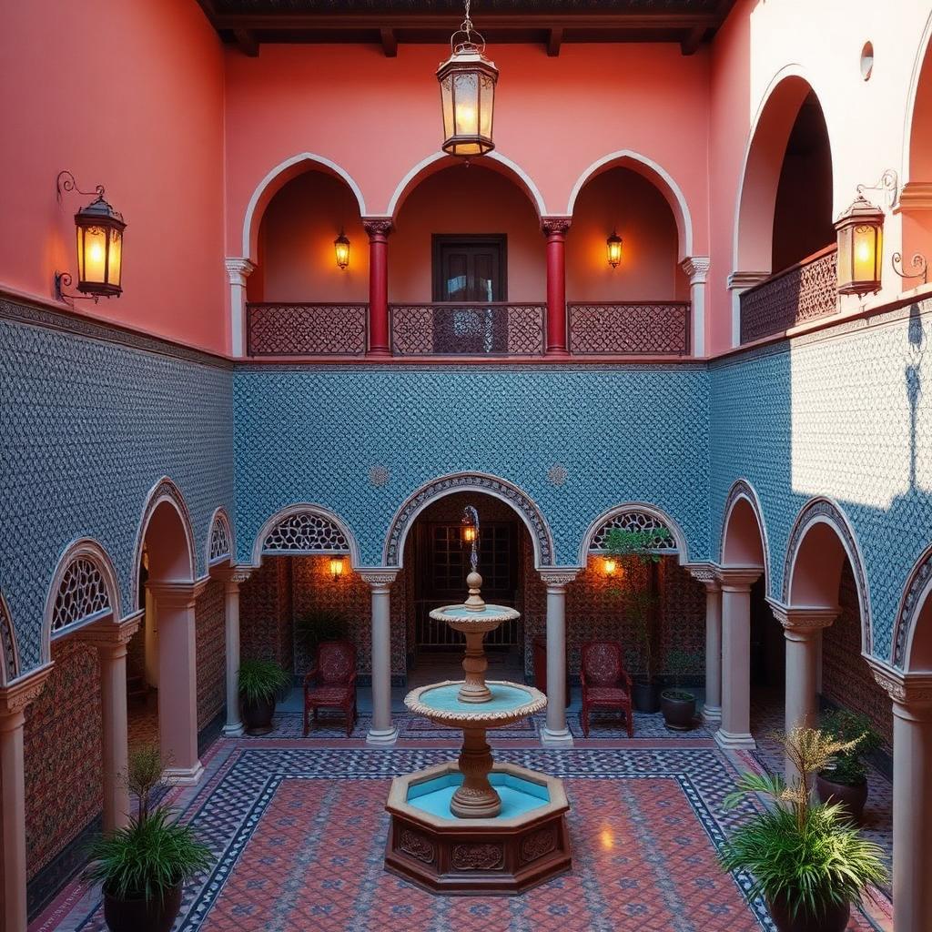 Riad marocain avec patio et fontaine traditionnelle en mars