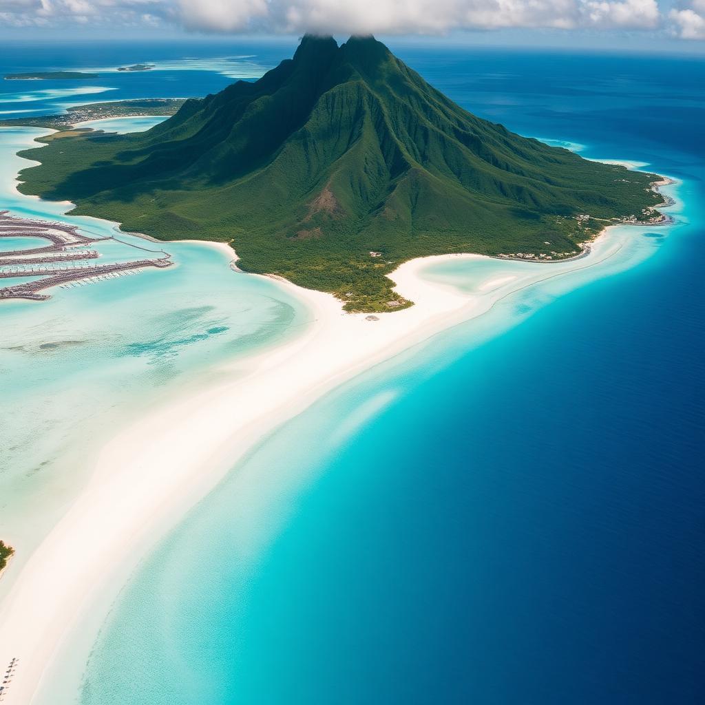 Vue aérienne de l'Île Maurice avec lagon turquoise et montagnes en janvier