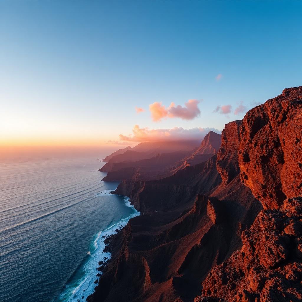 Falaises volcaniques des Canaries au coucher du soleil en janvier