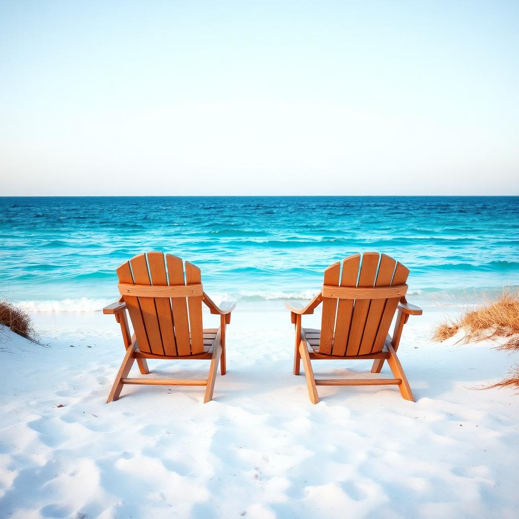 Deux fauteuils face à une mer turquoise en février