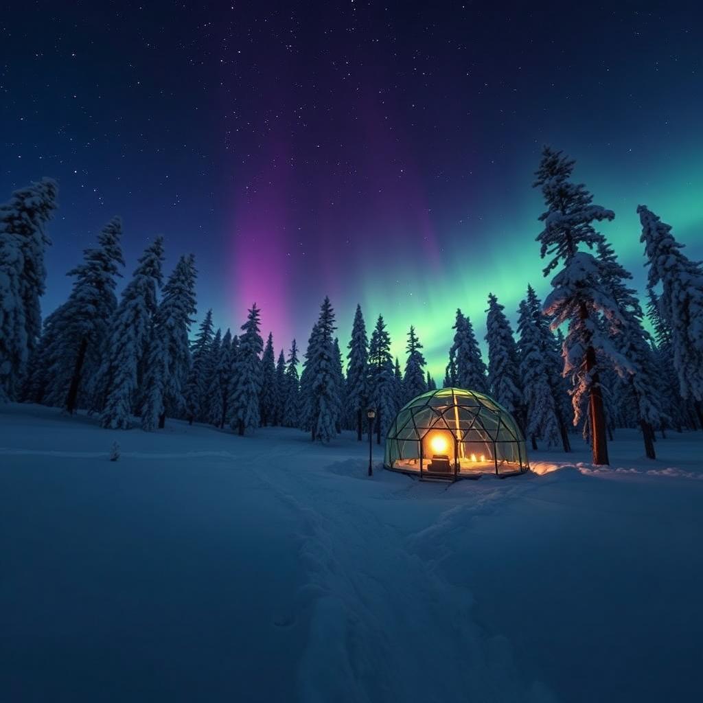 Igloo de verre sous les aurores boréales en Laponie en janvier