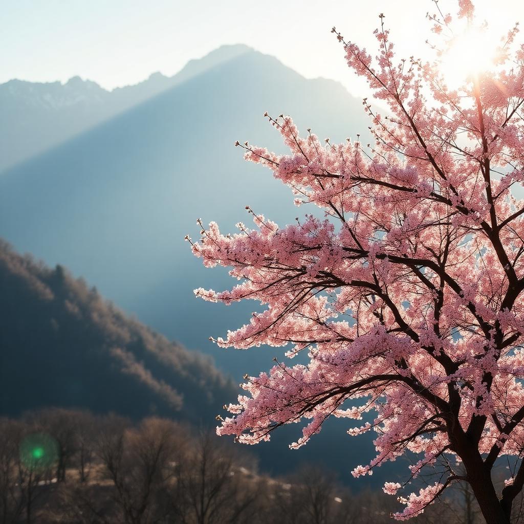 Cerisiers en fleurs devant les montagnes au mois de mars